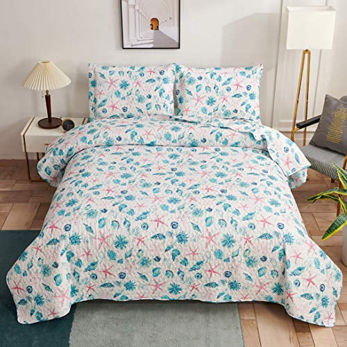 Coverlet,Quilt Set-Coastal Nautical Prints Tropical Fish-Sea World King 90x100 ALL FOR YOU 3pc Reversible Bedspread 